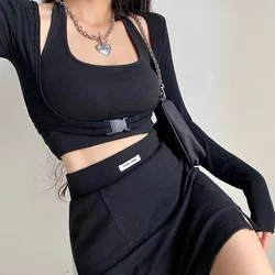 3 Pieces Sets Women Casual Sportswear 2025 New Sexy Sweet Halterneck Tank+Long Sleeve Crop Tops And Tight Slitp Mini Skirts Set