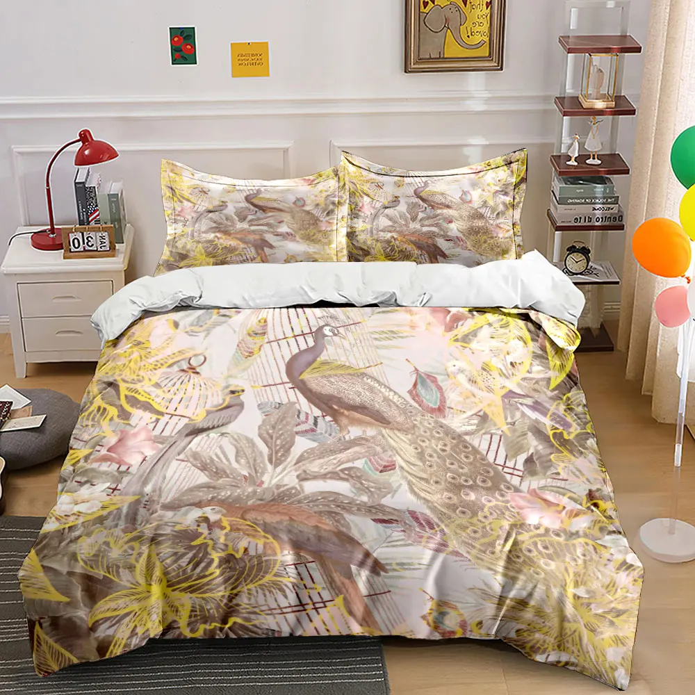 Vintage Peacock Birdcage Bedding Set,Retro Floral Botanical Print Duvet Cover Set,Chinese style Aesthetic Bedding for home Decor