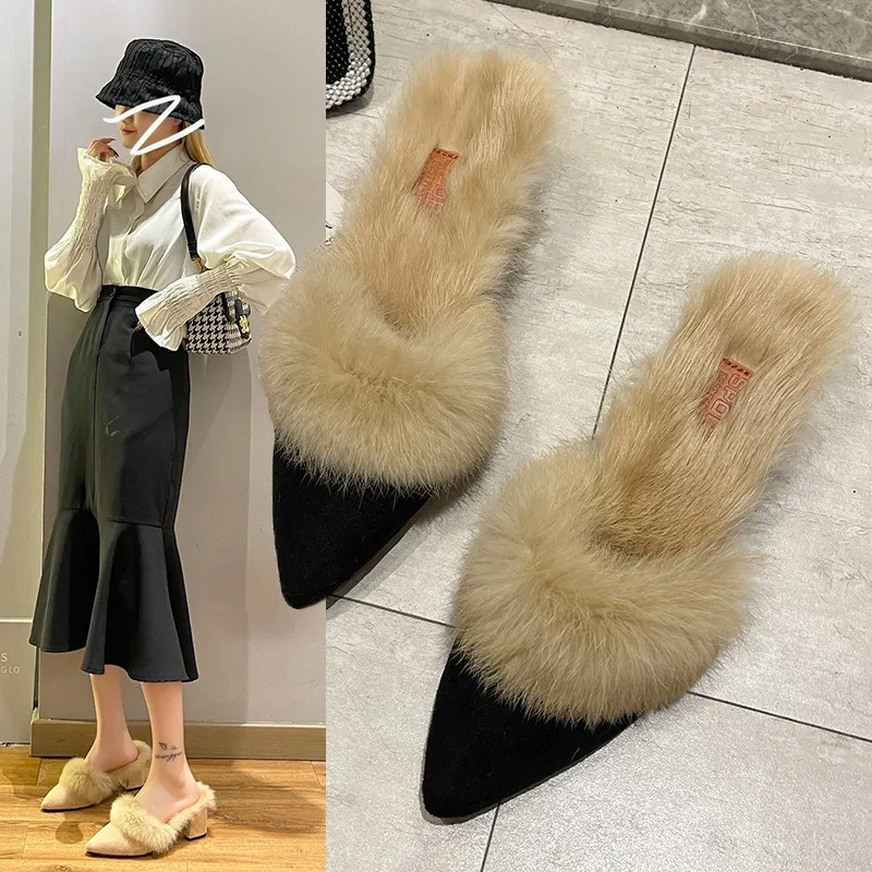 

Winter Warm Faux Fur Mules Slippers Women Pointed Toe Slip-On Thin Heels Flip-flops Woman Short Plush Lined Closed Toe Slides
