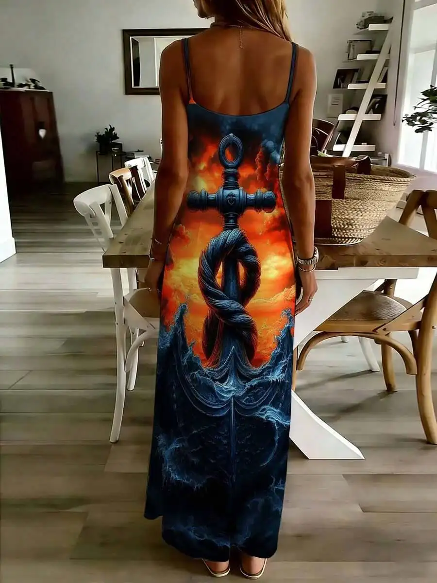 

Fire And Ice Anchor Print Sleeveless Maxi Dress Deep V Neck Women Casual