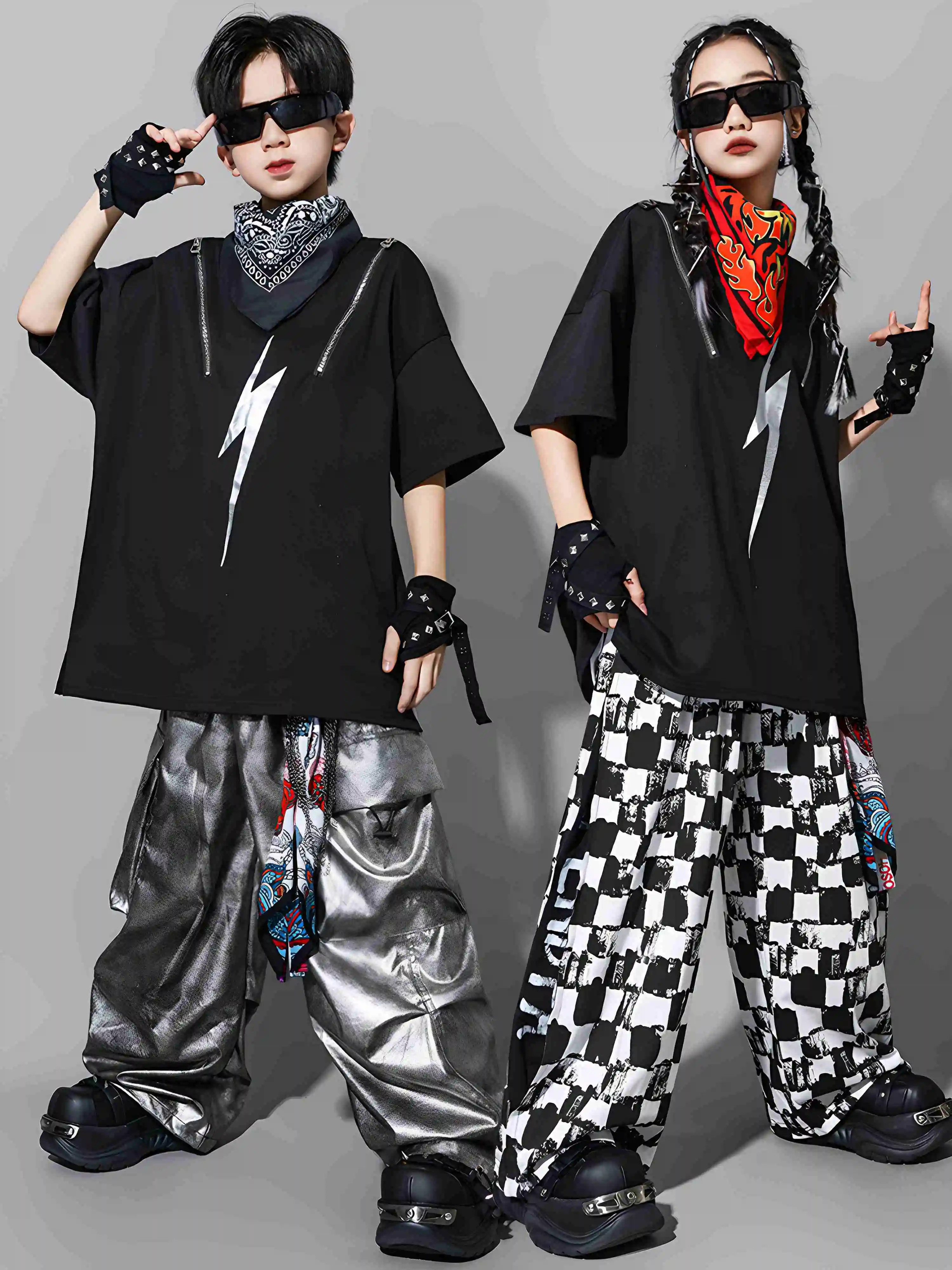 Bambini Ragazzi Hip Hop Maglietta nera Pantaloni a quadretti Baggy Maniche corte Chiusura Poppin Performance Costume Ragazze Jazz Outfit BL16434