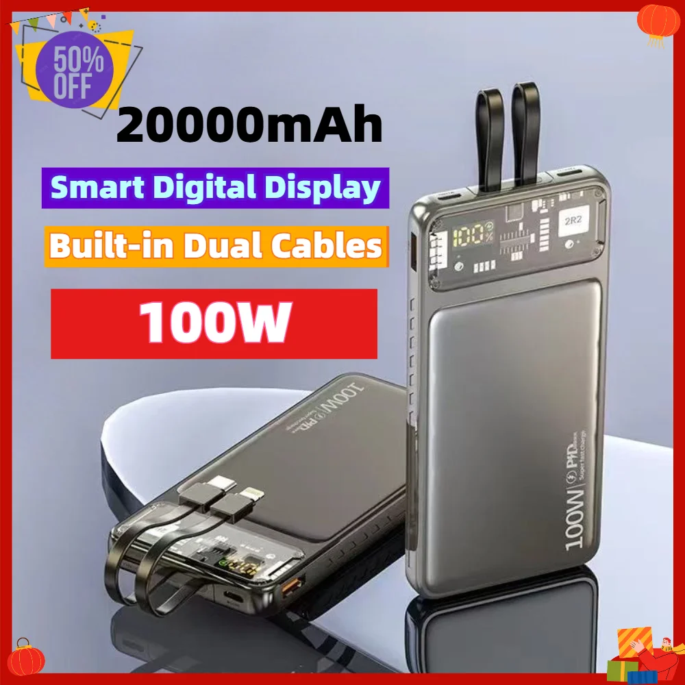 20000mAh Large Capacity Power Bank Built-in Dual Cables Smart Digital Display Fast Charger for IPhone Samsung Huawei Xiaomi vivo