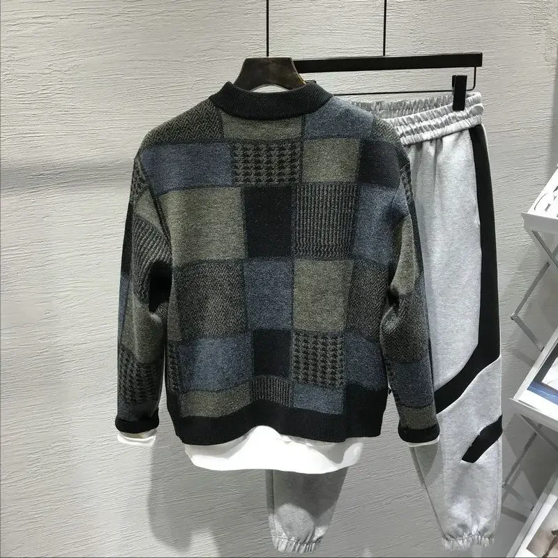 Man Clothes Collared Plaid Coat Knitted Sweaters for Men Jacket Cardigan Thick Winter S Japanese Harajuku Fashion Over Fit Knit