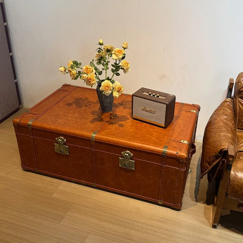 Medieval style living room leather case, coffee table storage box, retro oil wax leather hard box, coffee table rectangular coff view 2
