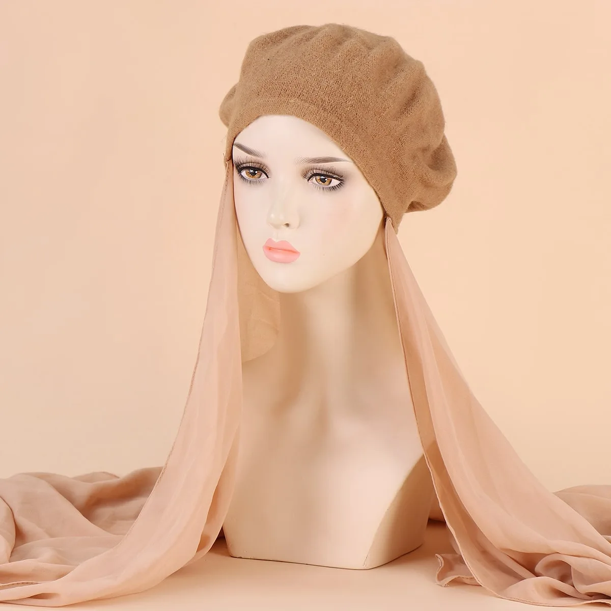 Musilm Women Instant Chiffon HIjabs With Beret Hats French Style Hats with Chiffon Hijab Baret Flat Hat with Chiffon Hijabs