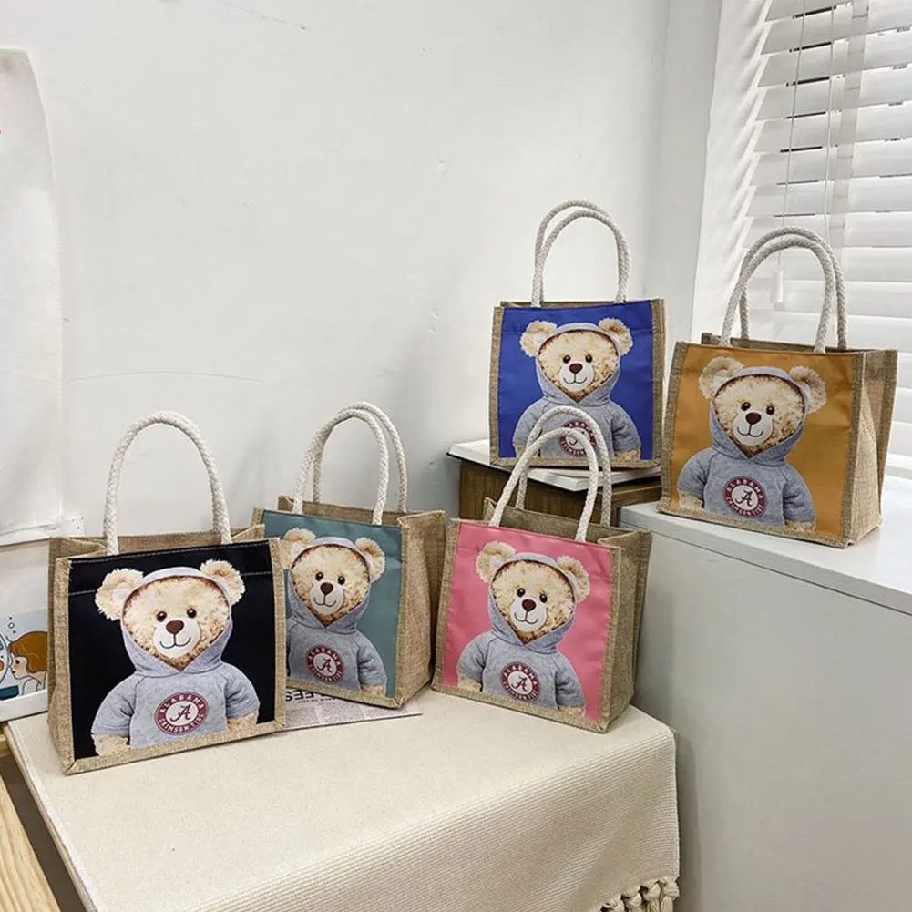 Cute Bear Print Pendant Handbag for Xmas Casual Linen Canvas Top-handle Gift Bag Fashion Shopping Bag Women Ladies Girl Handbag