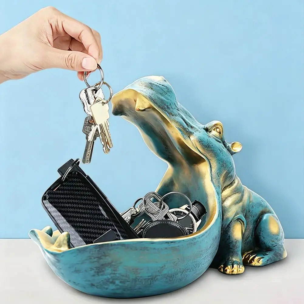 2026 Hippopotamus Statue Decorative Tray, Multifunctional Candy Dish Key Bowl, Resin Hippo Figurine Entrance Storage Tray for Ho