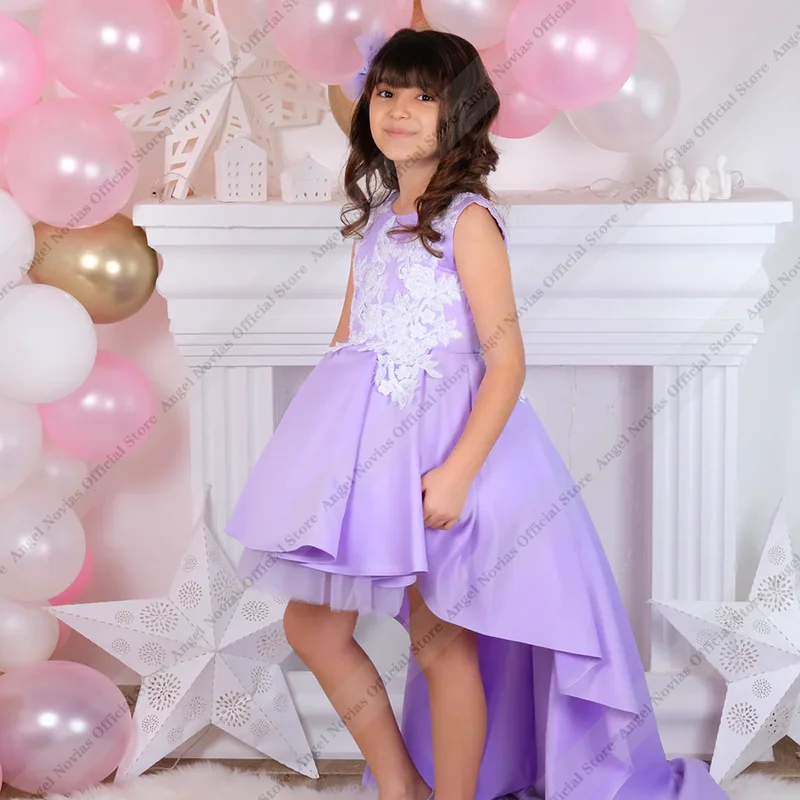 

Customized High Low Lilac Satin Princess Flower Girls Dresses Sleeveless Pageant Birthday Dress Evening Gowns