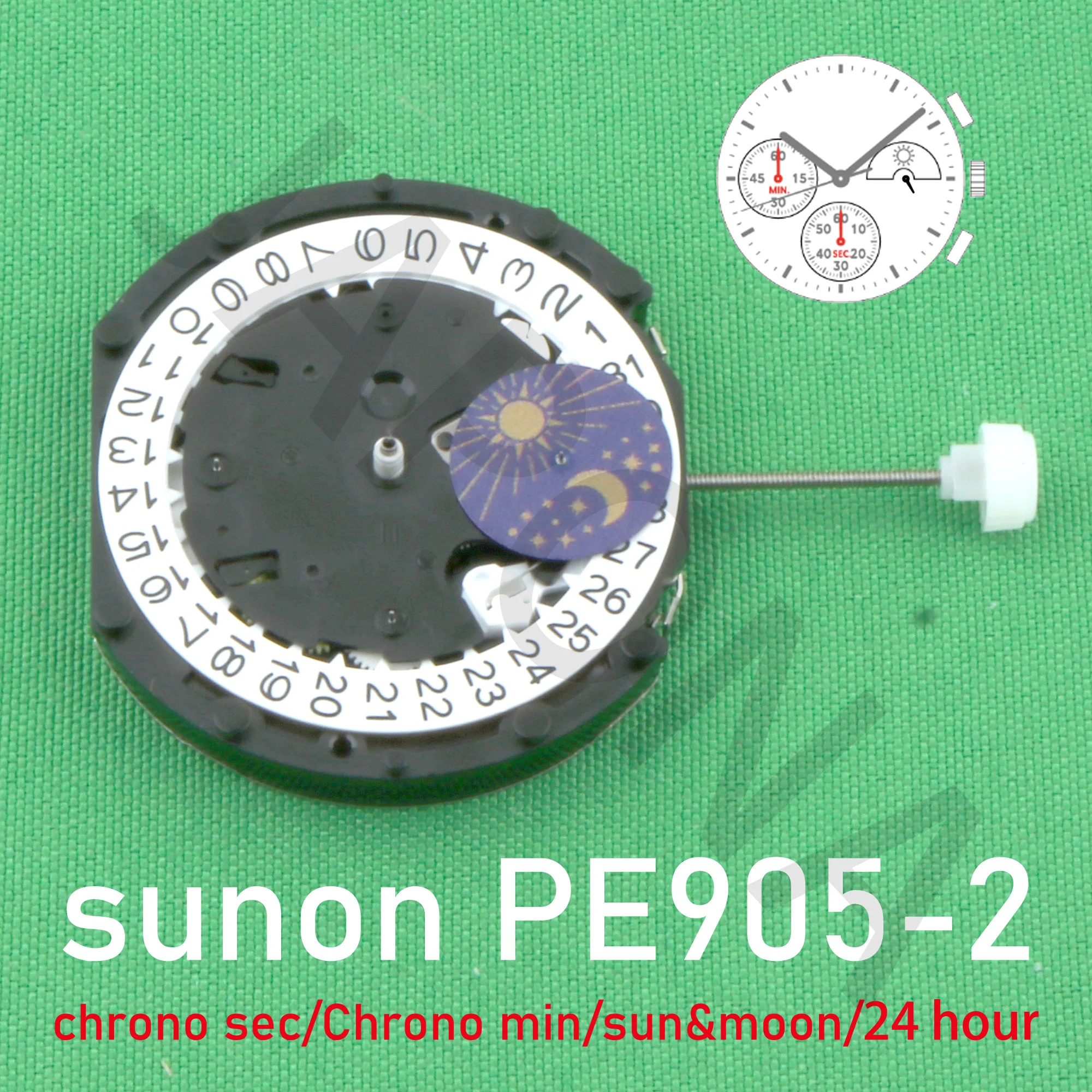 PE905-2 movement sunon PE90 china Ligne Quartz Three Hands with 3Eyes ＆Date Small Chronograph Second ＆ Minute sun&moon 24 huor