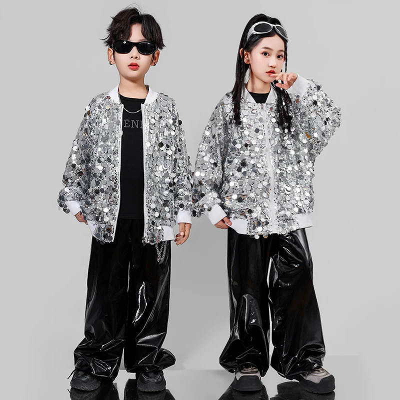 

Boys Girls Jazz Dance Kpop Stage Outfit Kid Street Dance Clothing Hip Hop Sequin Tops Shuffle Pants Silver Glitter Dancewear2345