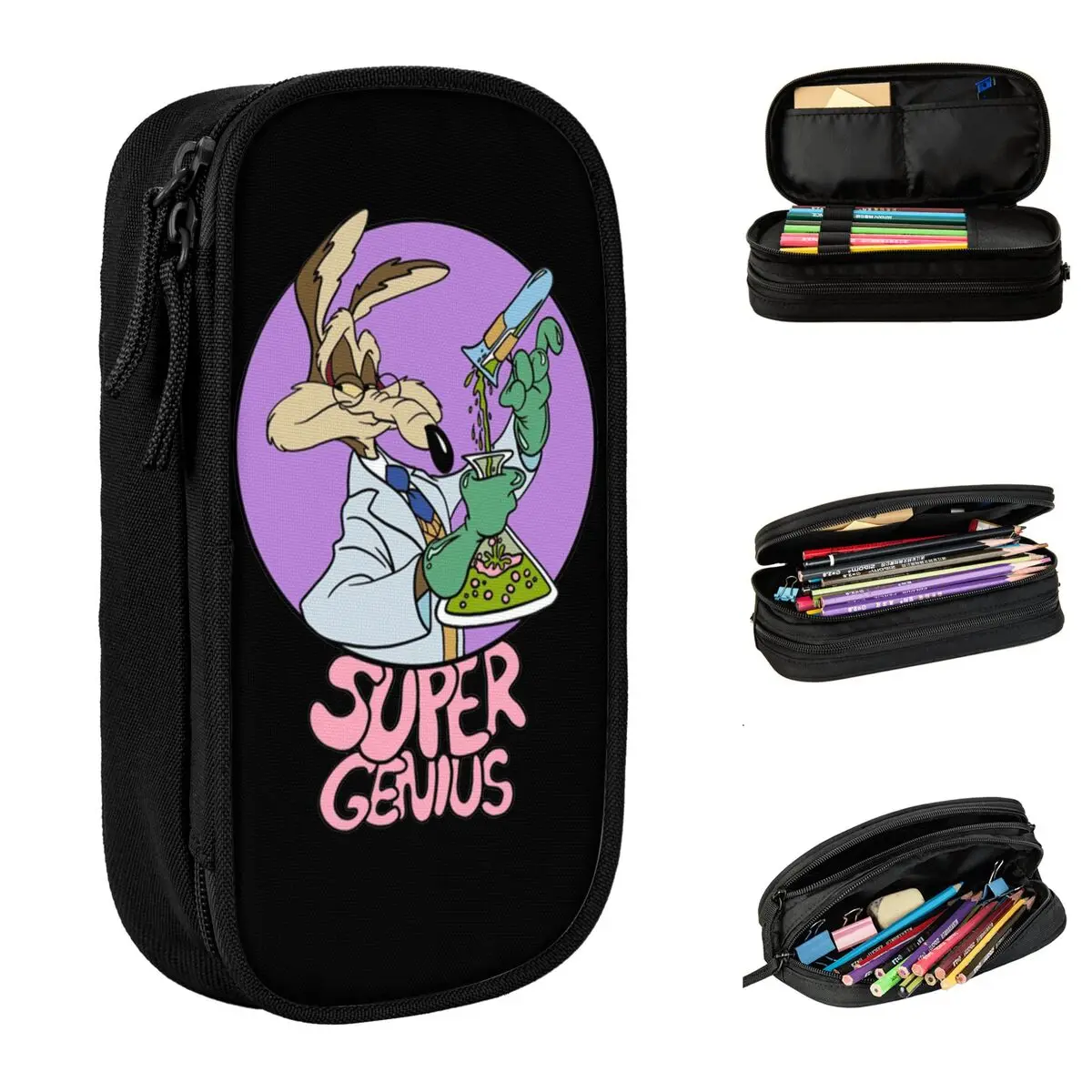 Estuches de lápices de Coyote Super Genius Roadrunner, estuches de lápices, bolígrafos para niños, bolsas de lápices de almacenamiento grandes, regalos de oficina, papelería