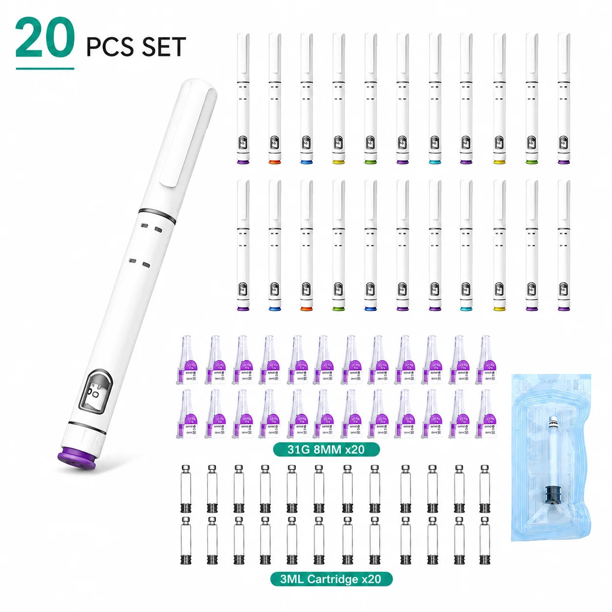 20PCS 3ml Disposable Injection Pen 60IU Self Injector Device Portable Peptide Delivery Pen with Bottle Needle Set
