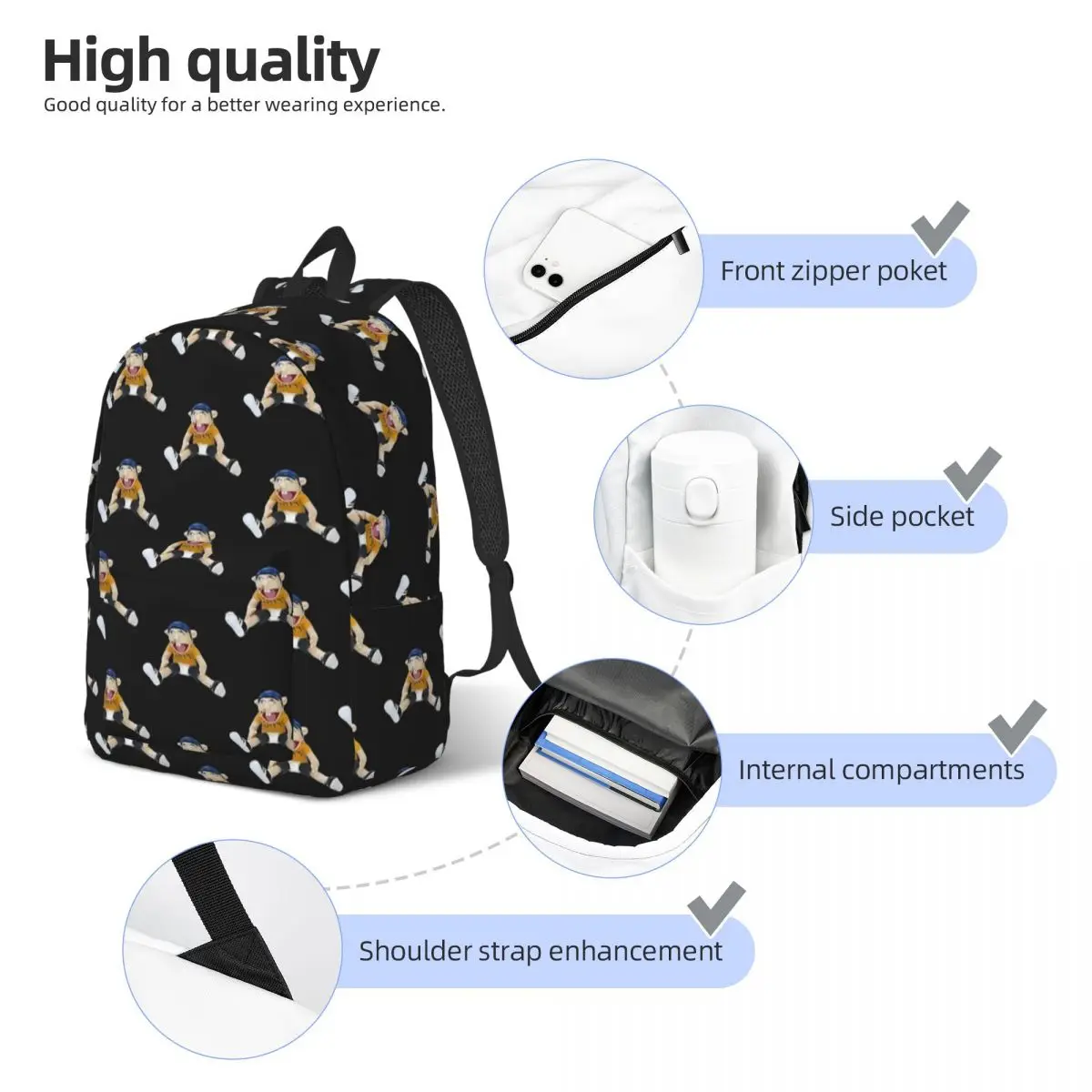 Sml Cartoon Funny Backpack para homens e mulheres, mochila de trabalho estudantil, sacos de lona universitários, moda esportiva