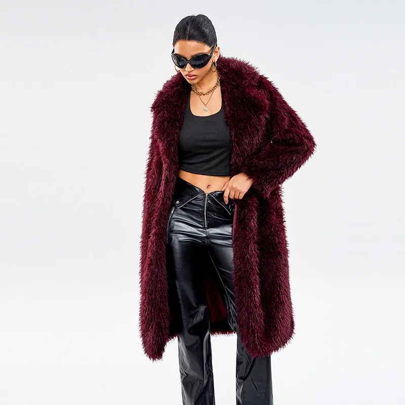 Lapel Long Faux Fur Coat Women Winter Plush Jacket Warm Long Sleeves Streetwear Artificial Fluffy Coat 2024 New Teddy Overcoat