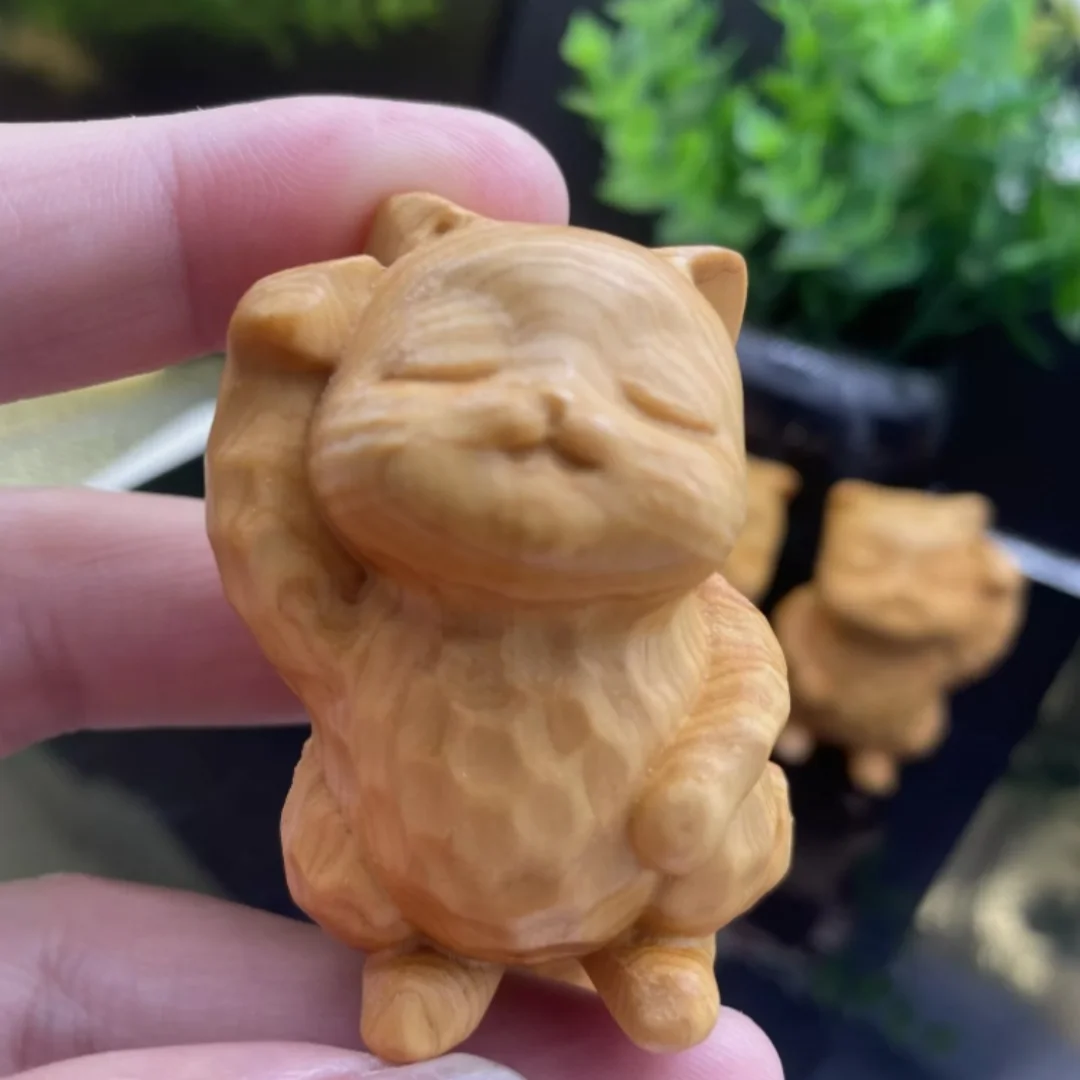 Chinese Boxwood Wood Hand Carved Cat Statue netsuke figure fengshui