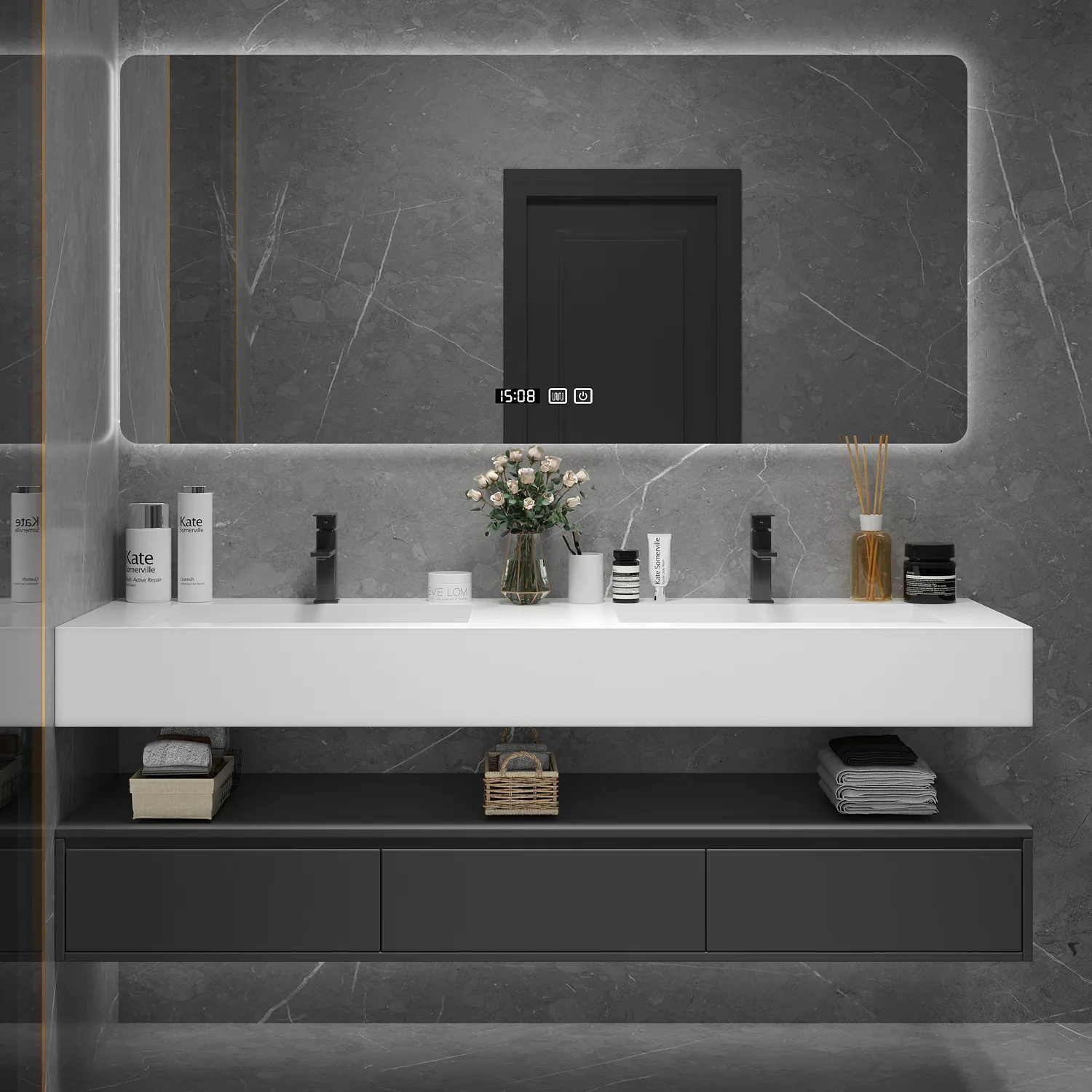 

Modern simple rock slab integrated basin bathroom cabinet combined bathroom