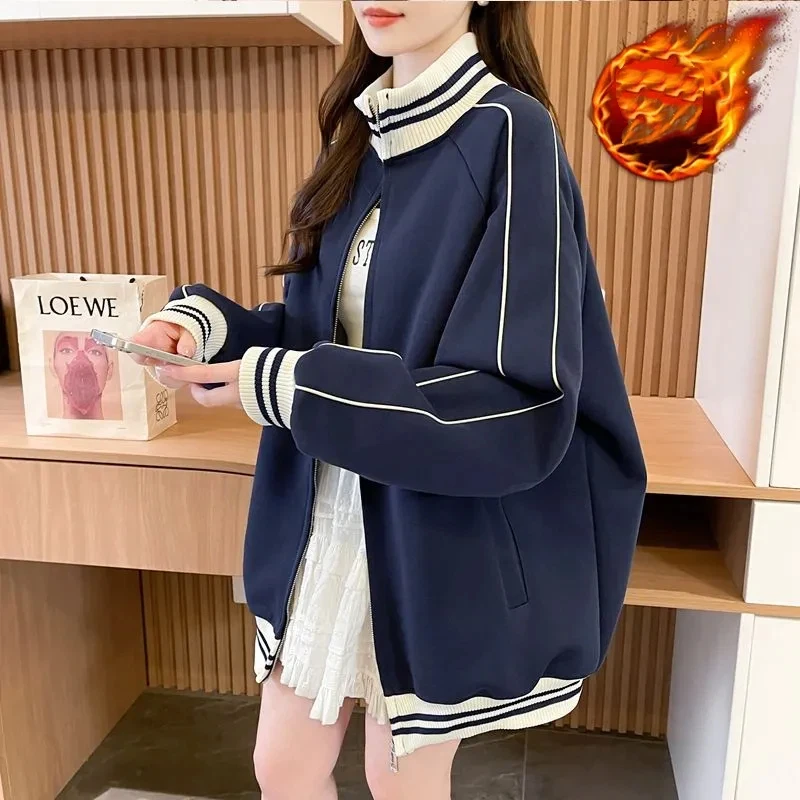 

Women's Plush Lined Korean Relaxed Fit Baseball Jacket Stand Collar Loose Sporty Winter Coat Women Clothing