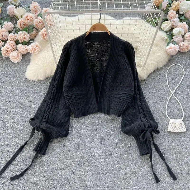 Autumn Solid Chic Knitted Crop Cardigans Sweet Winter Korean Elegant All Match Cardigan Fashion Lantern Sleeve Casual Sweaters