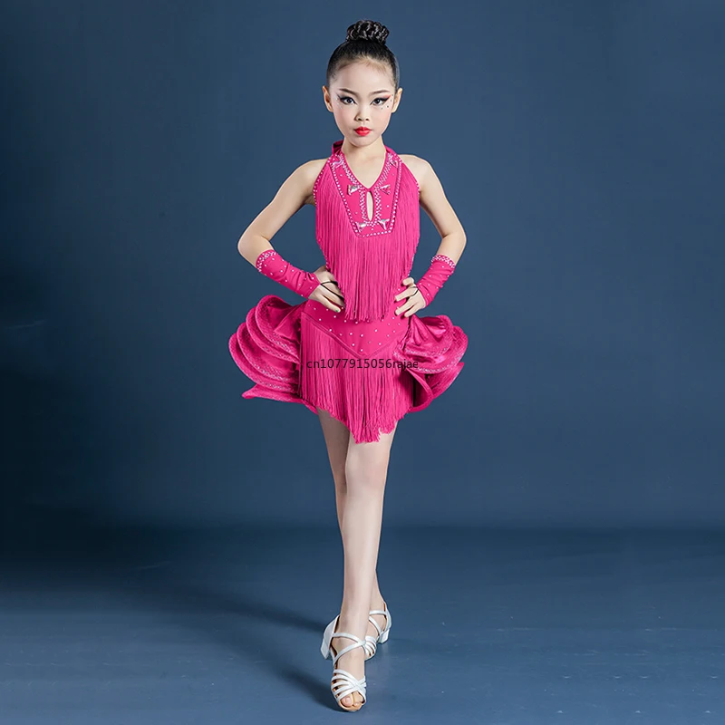 Latin Dans Kostuum Voor Kinderen Franjes Strass Jurk Meisjes Competitie Kleding Rugloze Tutu Rok Cha Cha Dans Jurk