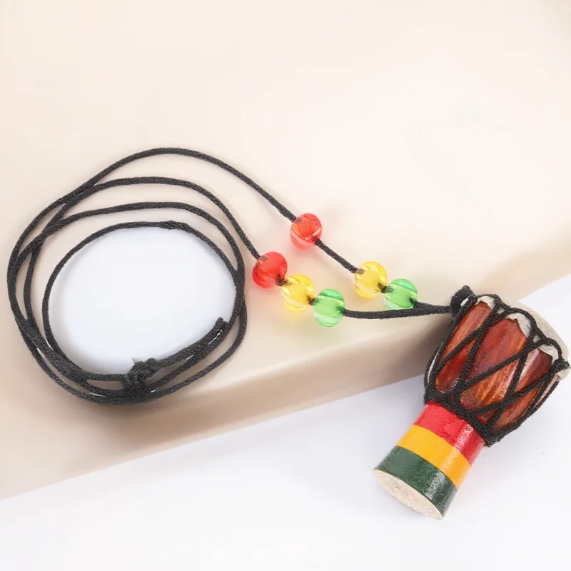 

African Drum Necklace Mini Wooden Handmade Percussion Instrument Hollow Wood Drum For Kids Home Decor Gift Miniature