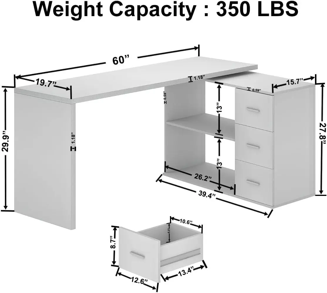 L Shaped Desk with Drawers Shelves,  Home Office Desk L Shape   Wood Computer Desk for PC Executive Work Writing