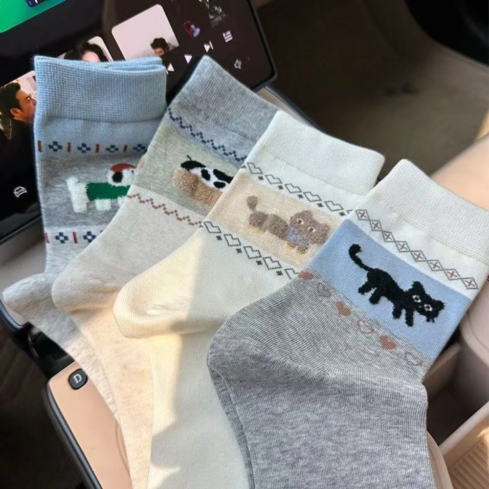 Spring Autumn Sweat Cartoon Puppy Socks New Japanese Fair Island Color Medium Tube Socks for Women Girls Breathable Socks