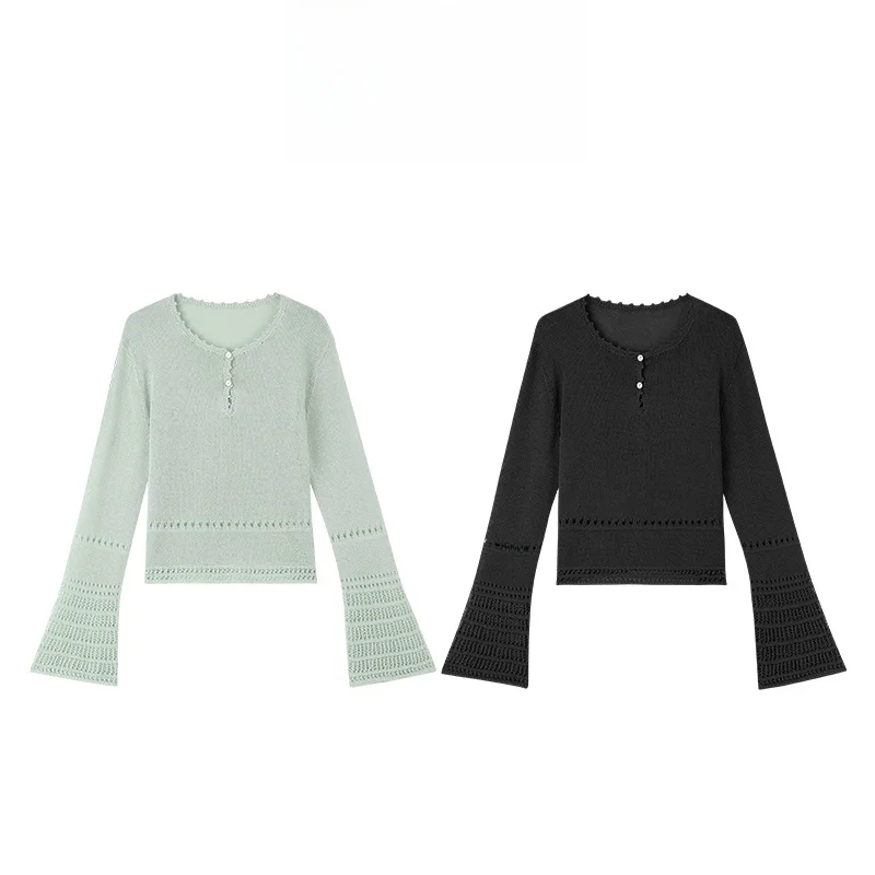 

Mannala Handmade Hollow out Knitwear Soft Paper Yarn Cooling Sensation Long Sleeve round Neck Pullover Female Fashion