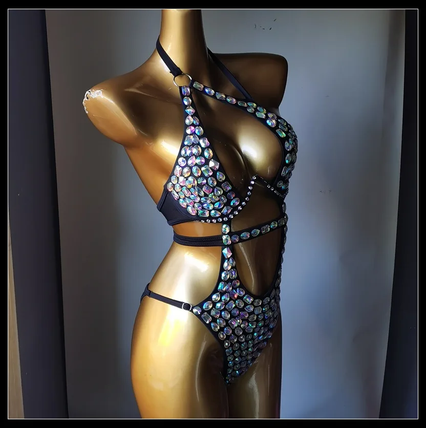 2025 Hand Sewn Chain One-Piece swimwear sexy Diamante Carnival Bra rhinestone Tassel Night Club Burst Glitter Halter swimsuit