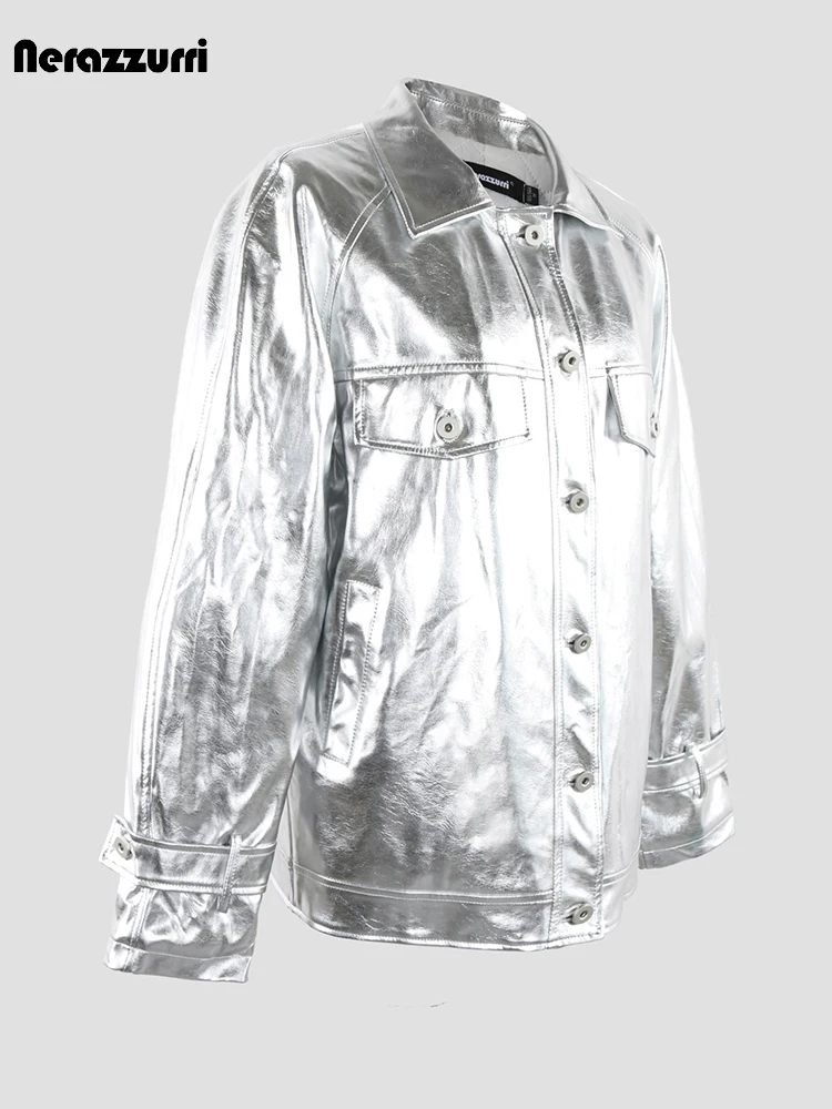 Nerazzurri Autumn Winter Shiny Reflective Silver Patent Pu Leather Jacket Women with Raglan Long Sleeve Unisex Quilted Clothes