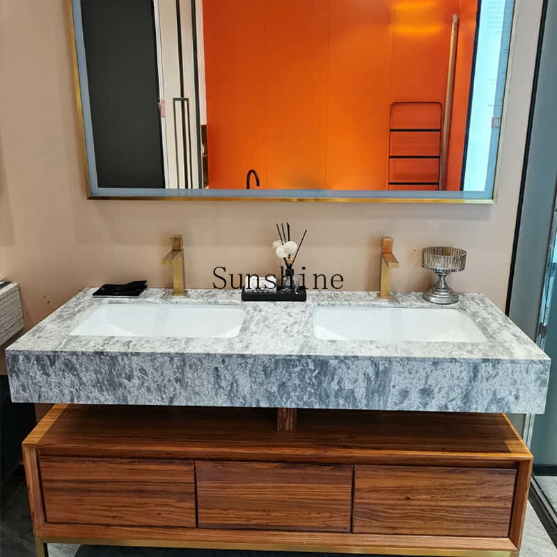 

Villa hotel modern simple solid wood bathroom cabinet combination custom luxury stone washstand