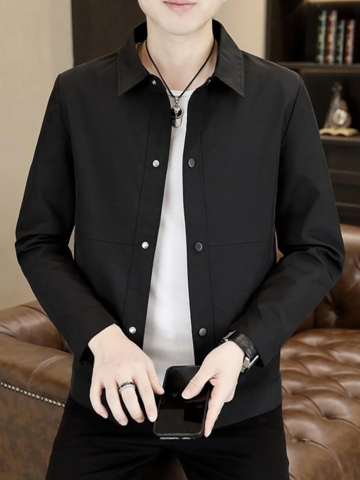 

Мужская модная приталенная куртка с воротником, однотонная, трендовая верхняя одежда для весны и осени, корейский стиль, из полиэстера