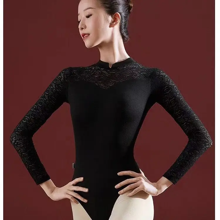 Ballet Leotards For Women Dancewear Lace Back Adult Ballerina Clothes Long Sleeve Leotard Stand-up Collar Swimwear Costume