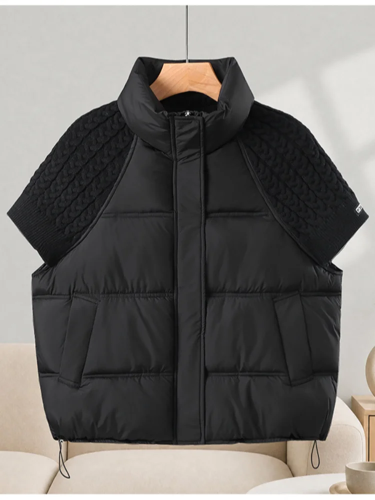 Damen Gestrickte Patchwork-Weste mit Stehkragen, Ärmellos, Reißverschluss, Kurz Geschnitten, Locker Sitzend, für Layering, Oberbekleidung 2026, Warme Winterjacke für Damen – Detail 8