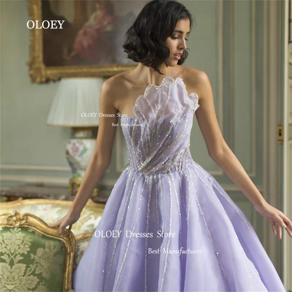 OLOEY Strapless Light Purple Prom Dresses Wedding Photoshoot Beading Silky Tulle Evening Dresses Perform Gowns Floor Length