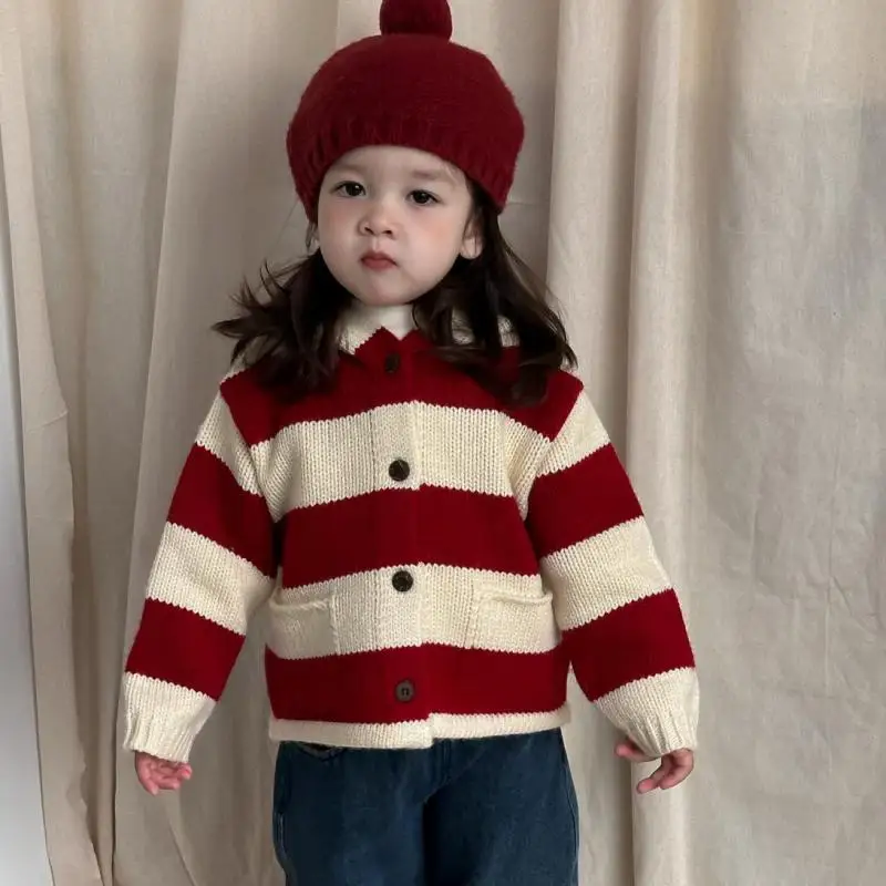

2025 Autumn New Kids Girls Casual Striped Sweater Cardigan Baby Cotton Knitted Coat Infant Girl Hooded Jacket Children Clothes