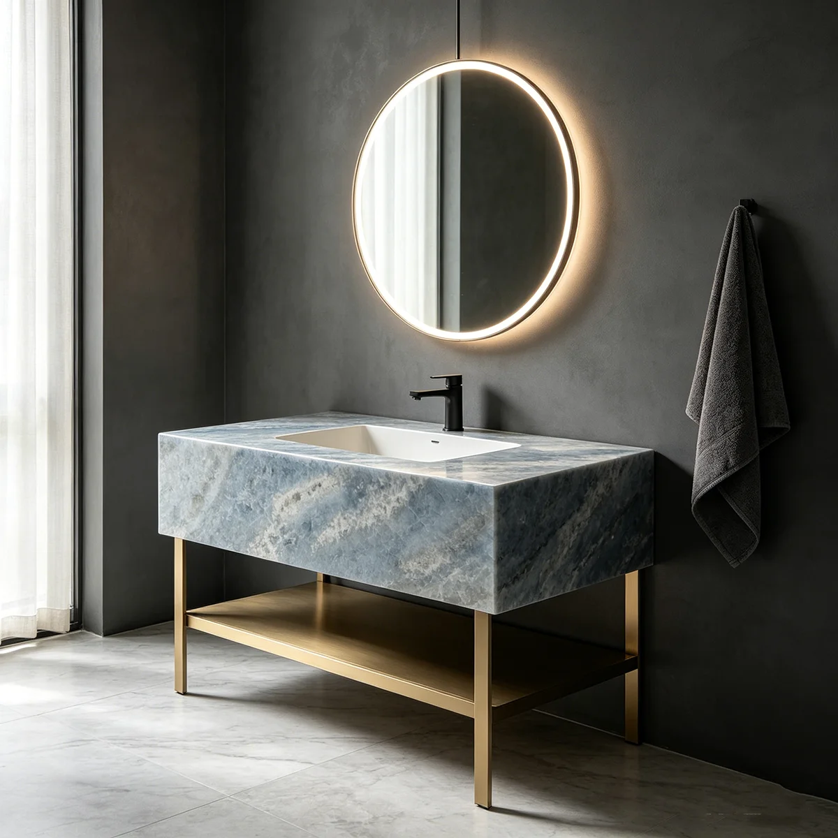 #￥Luxury Blue Natural Stone Bathroom Vanity Top with Integrated Sink Modern Crystal Marble Washbasin for Hotel Project
