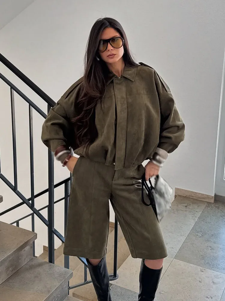 

HH женские шорты, модная куртка-бомбер на молнии с отложным воротником + летние повседневные замшевые текстуры с карманами, однотонные короткие брюки