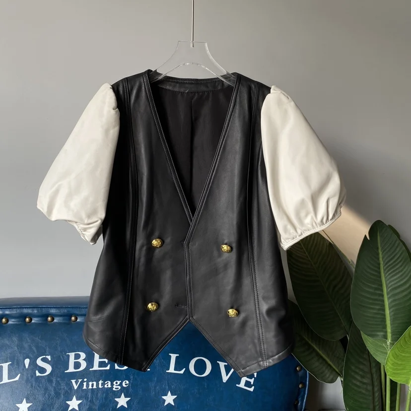 

Женская кожаная куртка с двойной застежкой, V-образным вырезом, эффектом пэчворк и эффектом утяжки талии, модная, из натуральной кожи