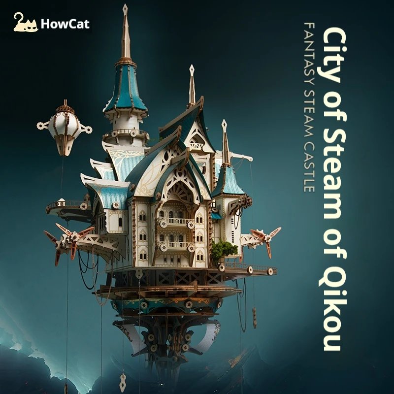 

HowCat DIY 3D Wooden Puzzle Fantasy City of Steam Popular Assembly Model Kits Toys for Children Kids Girls Birthday Gift