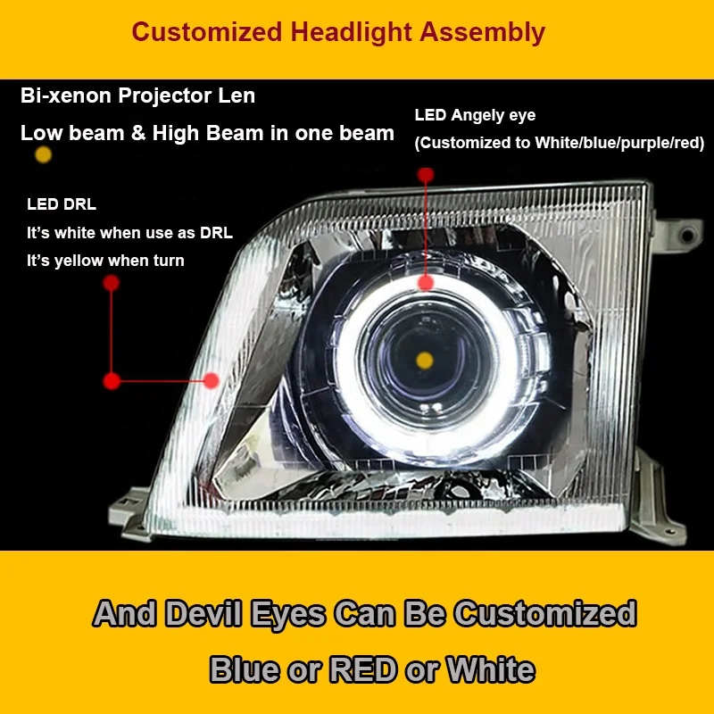 For TOYOTA Prado 3400 FJ90 LC90 Customized Full Head Lamp Angel Eyes Devil 20 06-2010 Front Light Black Housing/ Chrome Housing