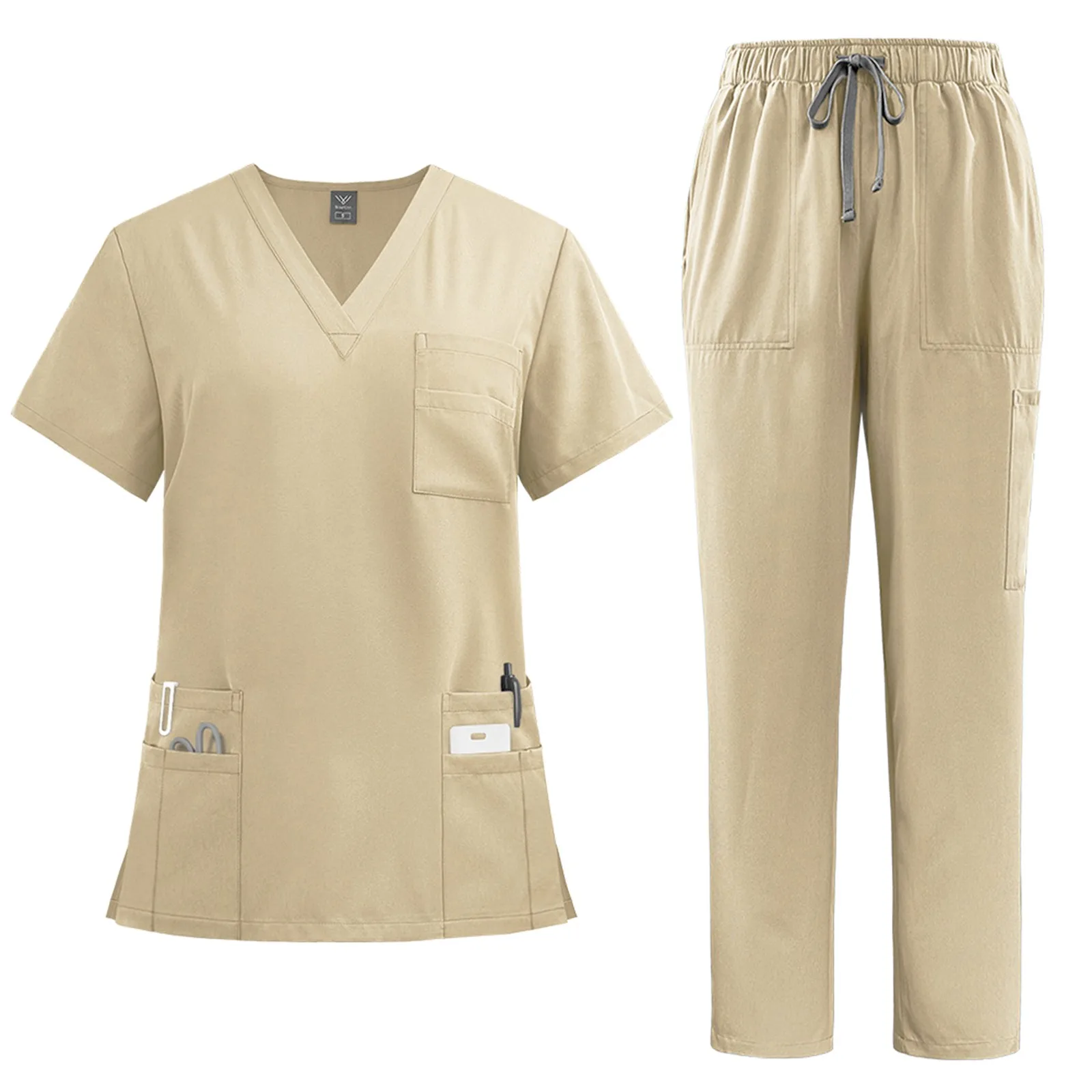 Vêtements de travail à manches courtes pour femmes, tissu à séchage rapide, poche à col en V, vêtements de travail confortables et respirants