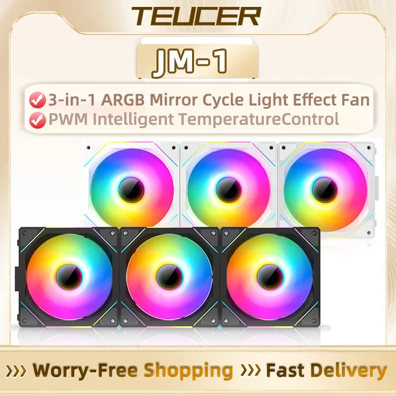 TEUCER 120mm ARGB Cyclic Mirror Light PWM Fan Kit, Wireless Splicing 800-2000RPM Low Noise Fan for PC Chassis & Water Cooling