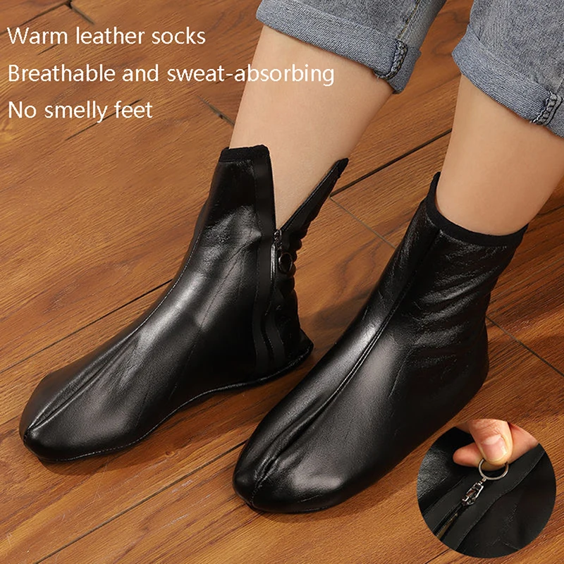 Unisex Winter Warm Leather Thermal Boat Slipper Indoor Home Soft Non-Slip Socks Men Women Breathable Comfortable Middle Socks