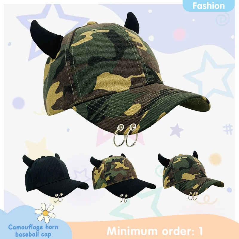 Summer Devil Horn Camouflage Baseball Cap Women's Cute Versatile Fashion Decoration Men's Personality Street Hip-Hop Iron Hat