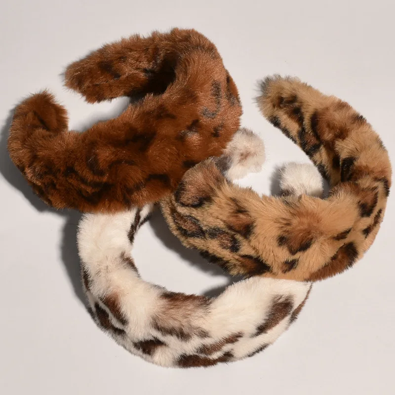 Women Leopard Faux Fur Hairband Soft Plush Hair Accessories Wide Side Adult Girls Headbands Winter Fashion Hair Hoop