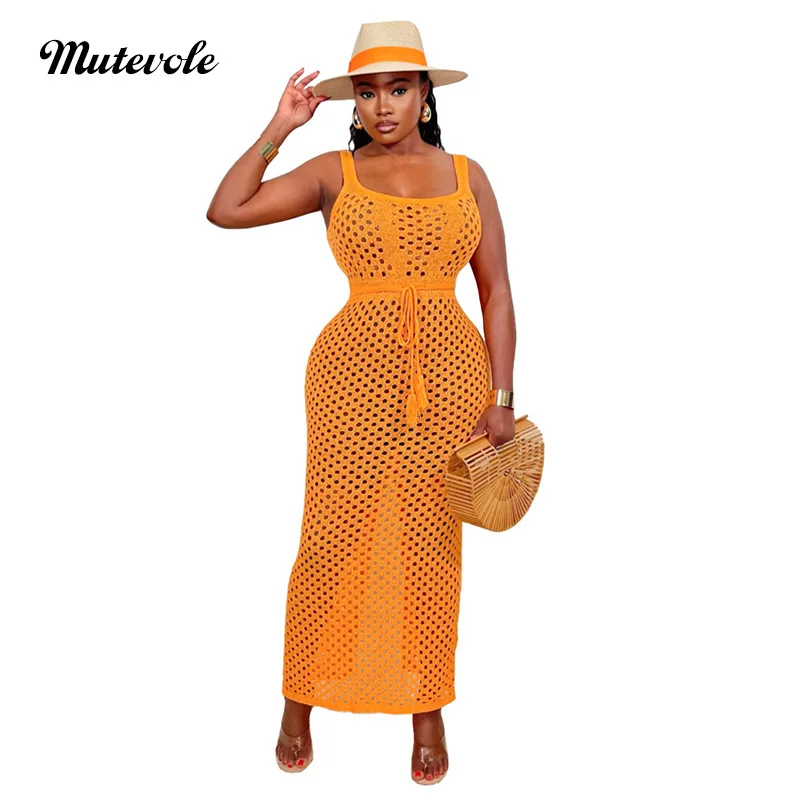 Mutevole Women Summer Beach copricostume lungo lavorato a maglia Sexy Back Split Bandage Crochet Sundress