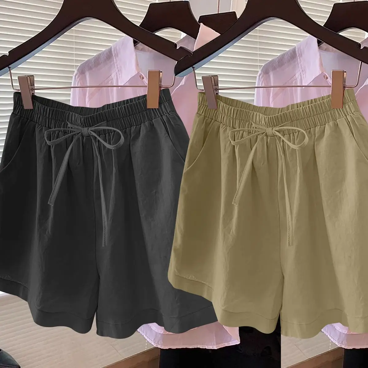 

Широкие брюки с эластичным поясом, однотонные, модные, летние, тонкие, с разрезами, на шнурке, с высокой талией, шорты для женщин
