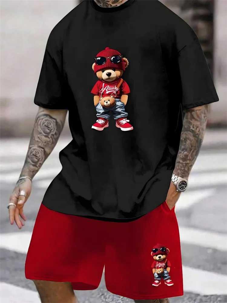 2024 New 3D Cartoon Bear Print Men\'s Set Summer Casual Everyday Men\'s Short-sleeved T-shirt Outdoor Street Fashion Beach Shorts