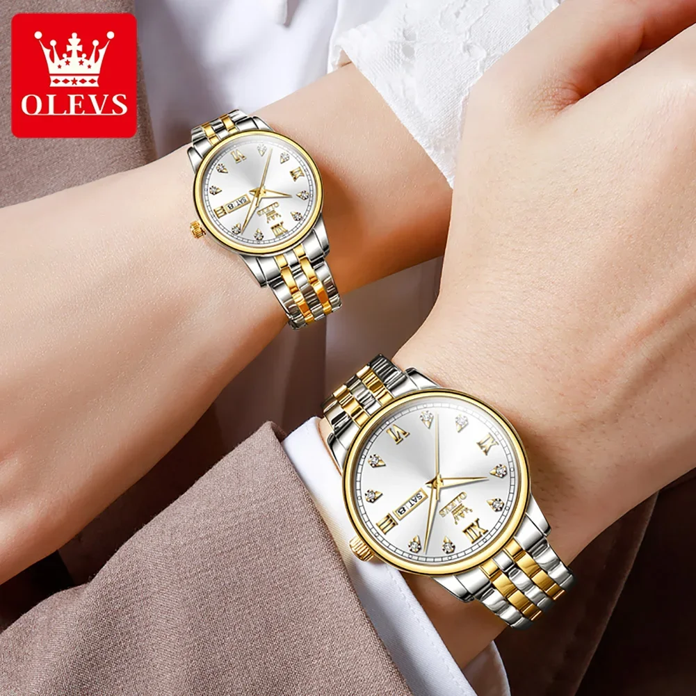 OLEVS Fashion Quartz Watches for Couple Luxury Golden Stainless Steel Couple Watches Waterproof Luminous Ladies Wristwatch Reloj