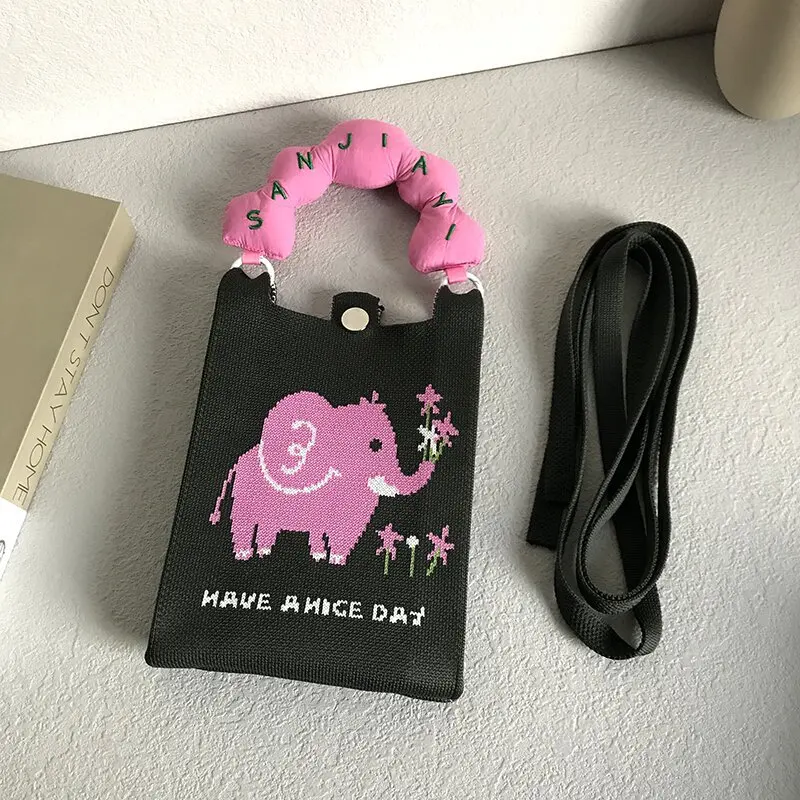 New Niche Design Cute Cartoon Mini Knitted Mobile Phone Bag Versatile Compact Portable Commuting Crossbody Small Square Bag